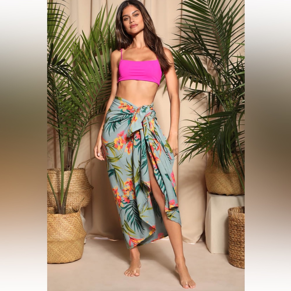 Billabong So Right Sarong Teal Green Tropical Print Swim Coverup